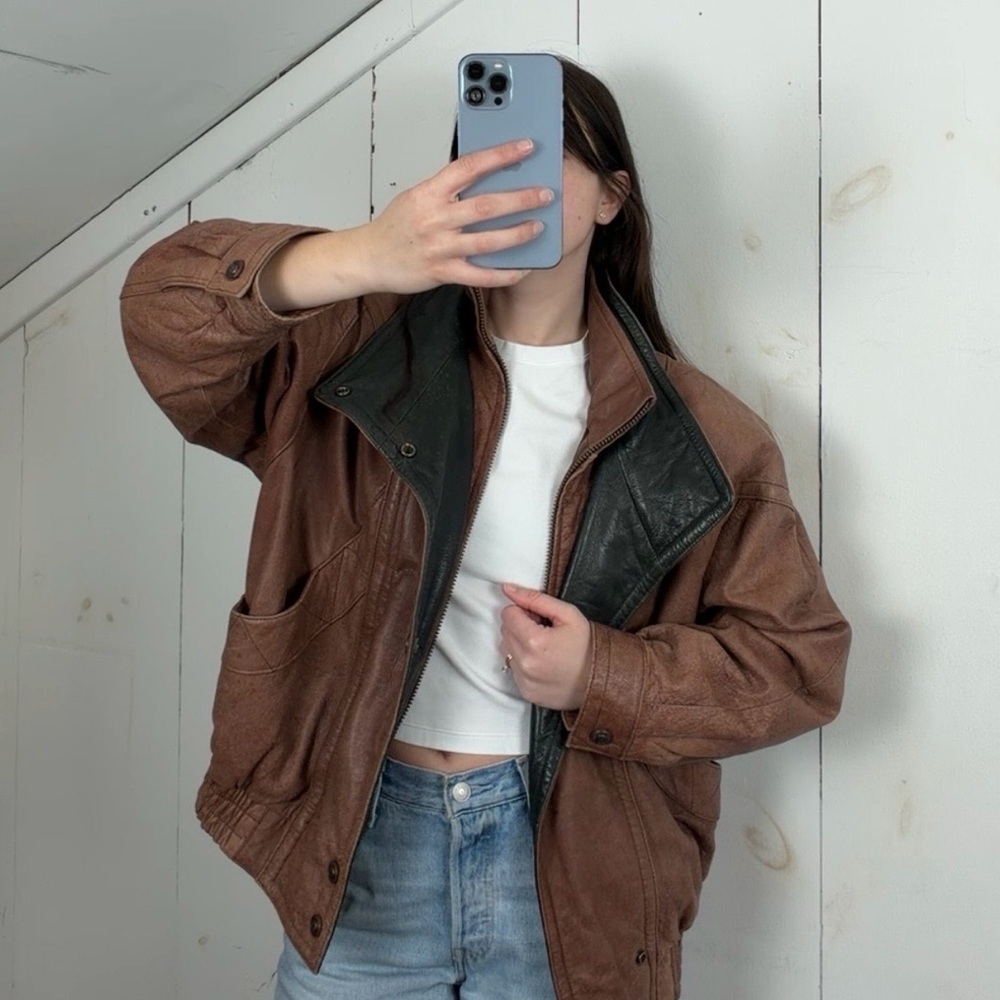 VTG Wilsons Adventure Bound Light Brown Leather Bomber Jacket Mens M Funnel Neck - Picture 2 of 12